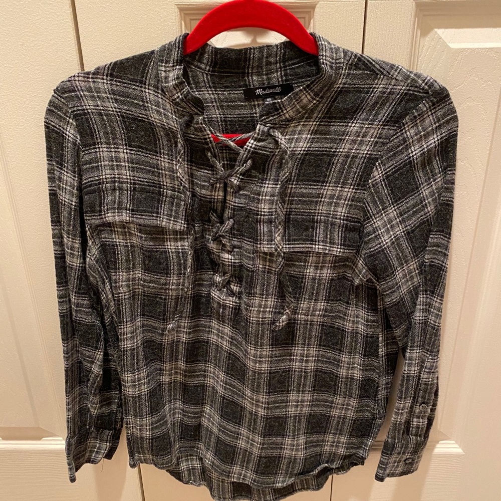 Madewell plaid shirt with cross ties